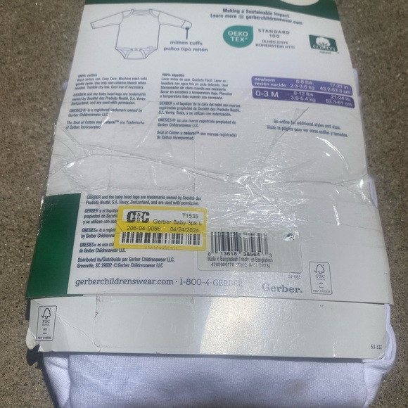 Gerber Baby 3pk Long Sleeve Bodysuit - White; 0-3 months. New, opened package - Picture 2 of 3